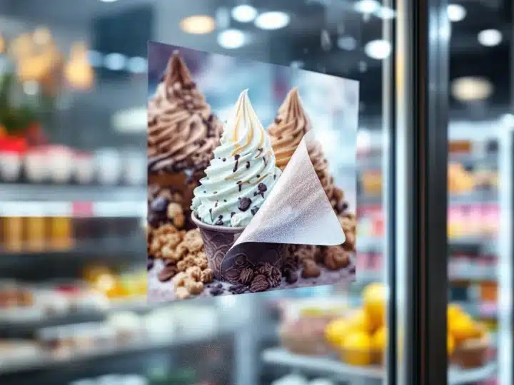 Transparent ice cream advertisement sticker peeling cleanly off frosted freezer door, showing premium ice cream and store products inside.